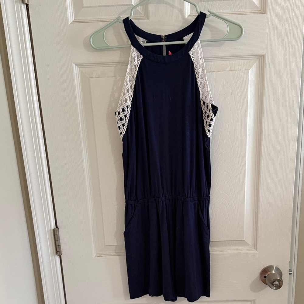 Navy Blue Lilly Pulitzer Romper with Lace Accents